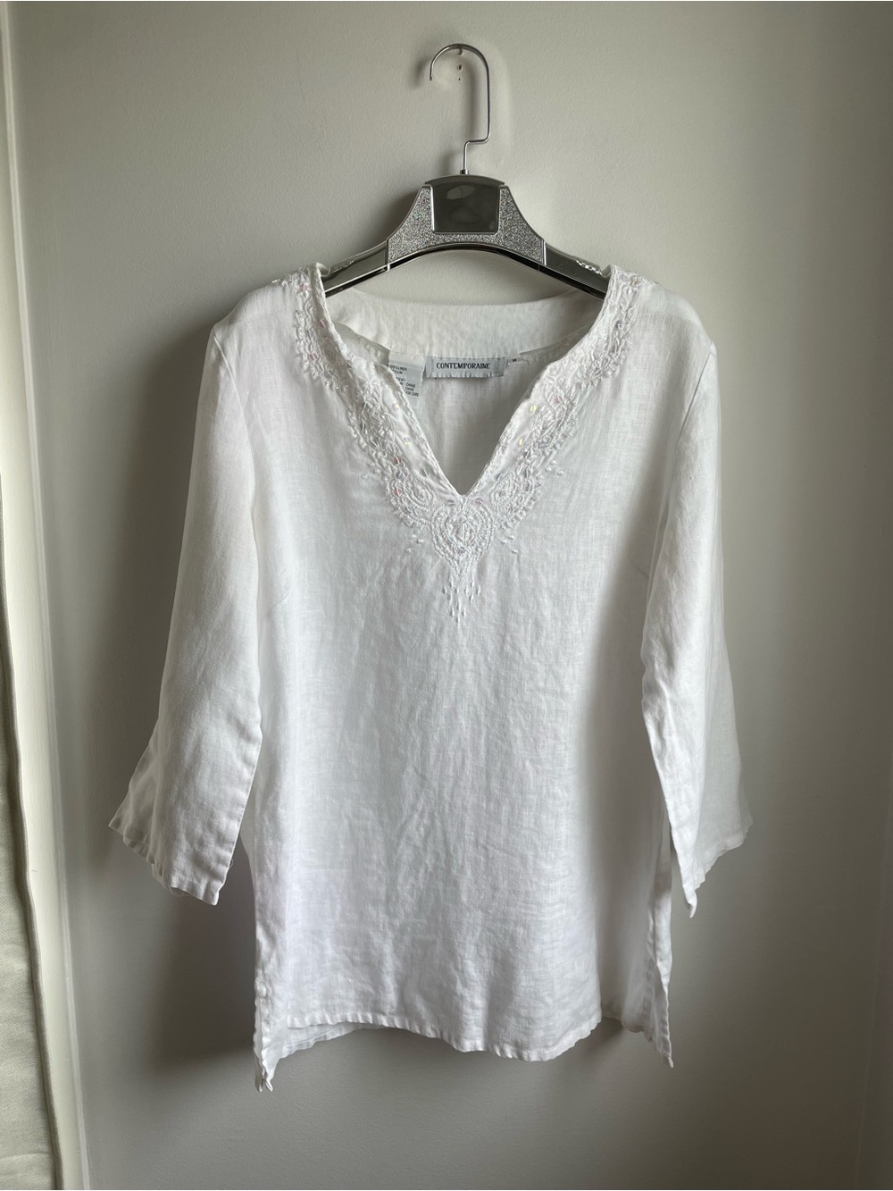 100% Linen White Embroidered V-Neck Tunic Top-Eco Friendly-size M